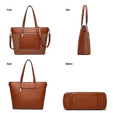 STYLISH TWO TONE SMOOTH TEXTURED TOP STRAW WOVEN TOTE BAG