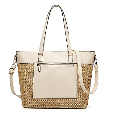 STYLISH TWO TONE SMOOTH TEXTURED TOP STRAW WOVEN TOTE BAG