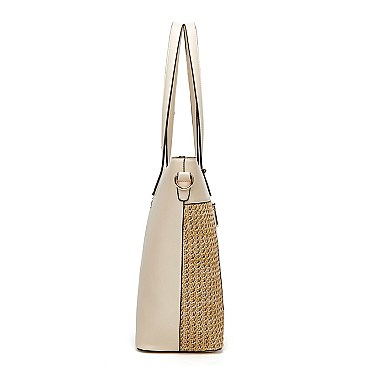 STYLISH TWO TONE SMOOTH TEXTURED TOP STRAW WOVEN TOTE BAG