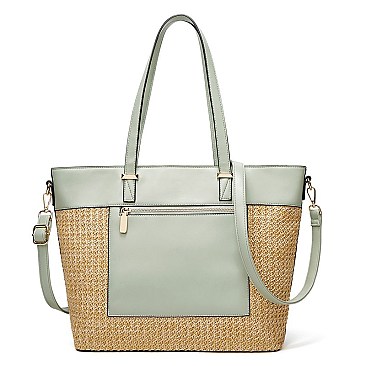 STYLISH TWO TONE SMOOTH TEXTURED TOP STRAW WOVEN TOTE BAG