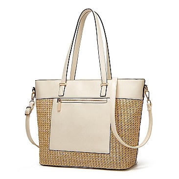 STYLISH TWO TONE SMOOTH TEXTURED TOP STRAW WOVEN TOTE BAG