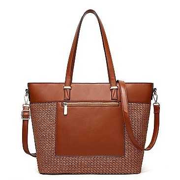 STYLISH TWO TONE SMOOTH TEXTURED TOP STRAW WOVEN TOTE BAG