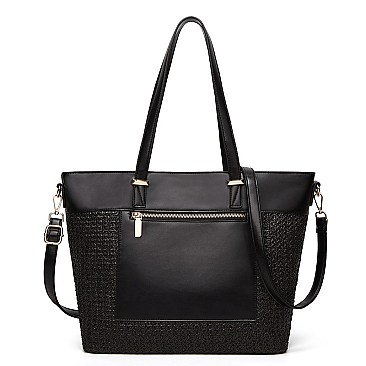 STYLISH TWO TONE SMOOTH TEXTURED TOP STRAW WOVEN TOTE BAG