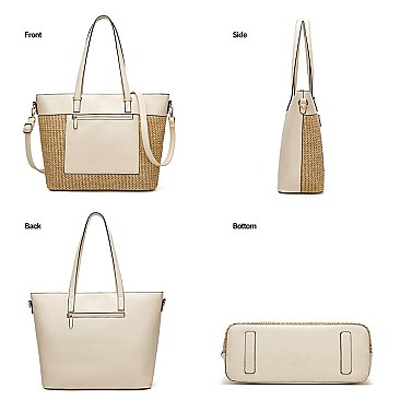 STYLISH TWO TONE SMOOTH TEXTURED TOP STRAW WOVEN TOTE BAG