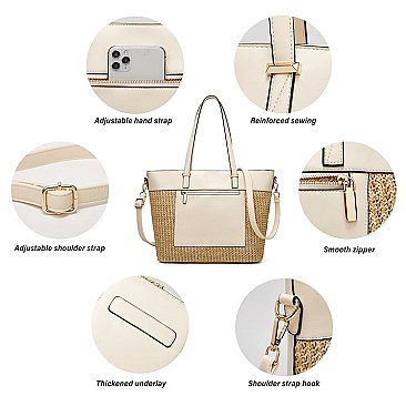 STYLISH TWO TONE SMOOTH TEXTURED TOP STRAW WOVEN TOTE BAG