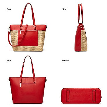 STYLISH TWO TONE SMOOTH TEXTURED TOP STRAW WOVEN TOTE BAG