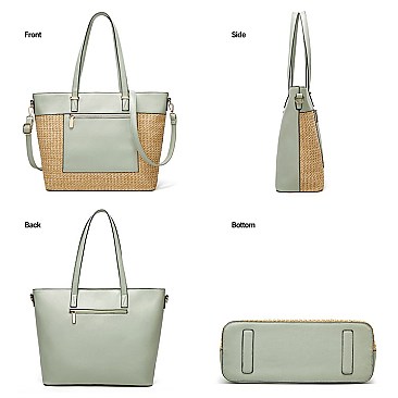 STYLISH TWO TONE SMOOTH TEXTURED TOP STRAW WOVEN TOTE BAG