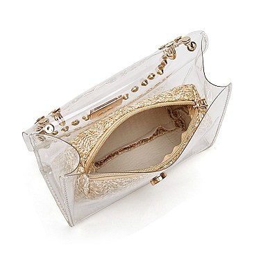 2 In 1 Transparent Cross Body With Straw Pouch