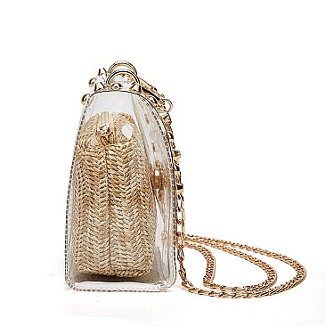 2 In 1 Transparent Cross Body With Straw Pouch