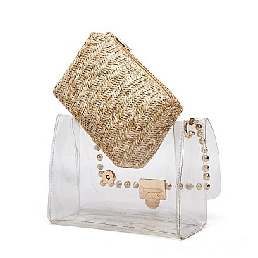 2 In 1 Transparent Cross Body With Straw Pouch
