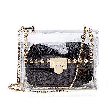 2 In 1 Transparent Cross Body With Straw Pouch