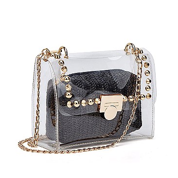 2 In 1 Transparent Cross Body With Straw Pouch