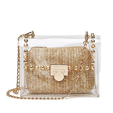 2 In 1 Transparent Cross Body With Straw Pouch