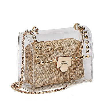 2 In 1 Transparent Cross Body With Straw Pouch