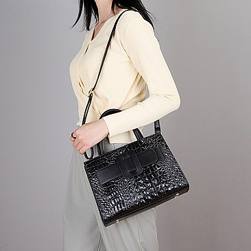 Crocodile Pattern Belt Accent Satchel