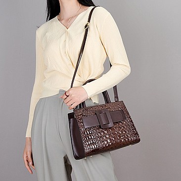 Crocodile Pattern Belt Accent Satchel