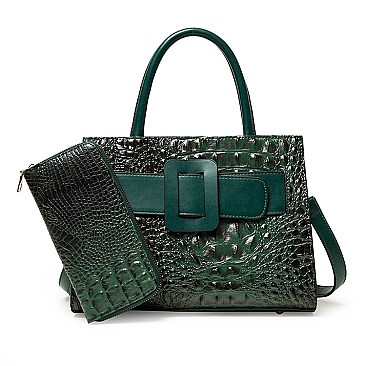 2 IN 1 Crocodile Pattern Belt Accent Satchel Set