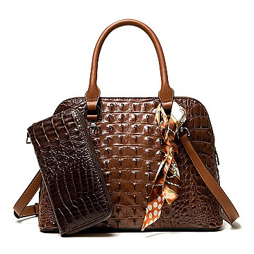 2-in-1 Crocodile Patent Dome Satchel Wallet Set