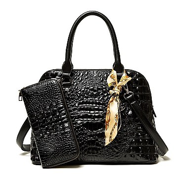 2-in-1 Crocodile Patent Dome Satchel Wallet Set