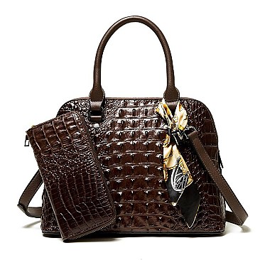 2-in-1 Crocodile Patent Dome Satchel Wallet Set