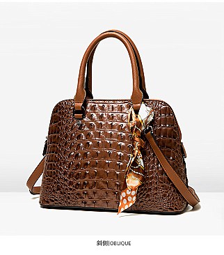 2-in-1 Crocodile Patent Dome Satchel Wallet Set