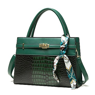 CROCODILE PATTERN SCARFED SATCHEL SET