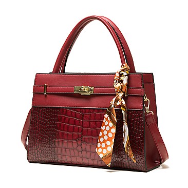 CROCODILE PATTERN SCARFED SATCHEL SET