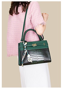 CROCODILE PATTERN SCARFED SATCHEL SET