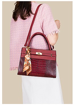 CROCODILE PATTERN SCARFED SATCHEL SET