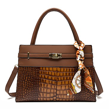 3 IN 1 CROCODILE PATTERN SCARFED SATCHEL SET