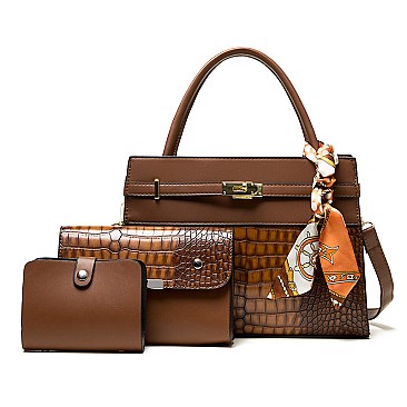 3 IN 1 CROCODILE PATTERN SCARFED SATCHEL SET