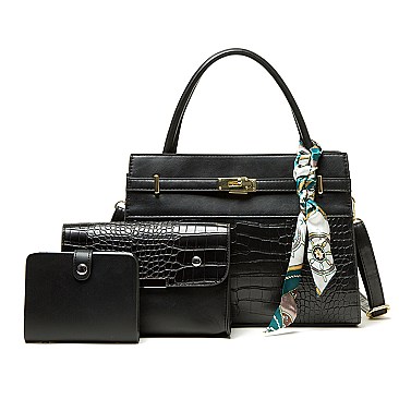 3 IN 1 CROCODILE PATTERN SCARFED SATCHEL SET