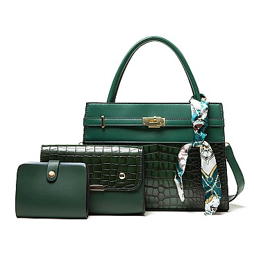 3 IN 1 CROCODILE PATTERN SCARFED SATCHEL SET