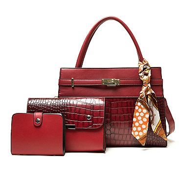 3 IN 1 CROCODILE PATTERN SCARFED SATCHEL SET