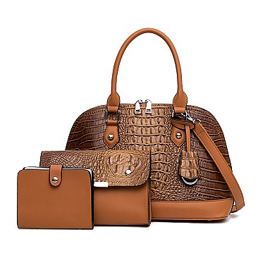 3-in-1 Crocodile Dome Satchel & Clutch Wallet Set