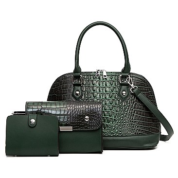 3-in-1 Crocodile Dome Satchel & Clutch Wallet Set