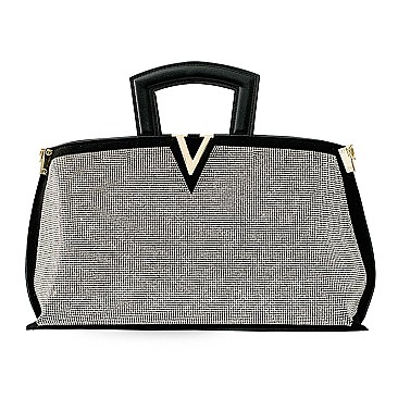 V- Accent Rhinestone Satchel Purse