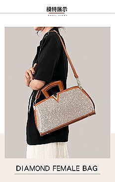 V- Accent Rhinestone Satchel Purse