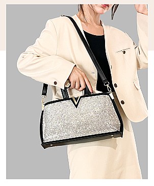 V- Accent Rhinestone Satchel Purse