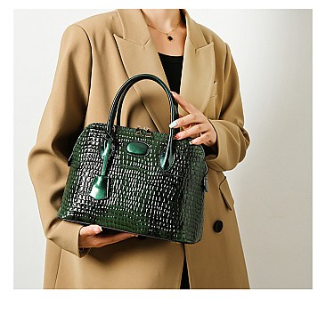 Patent Embossed Crocodile Dome Quality Satchel