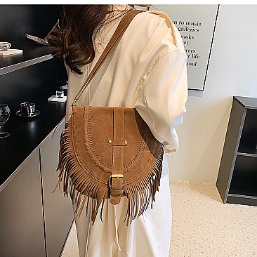 Braided Accent Fringed Round Flap Top Messenger