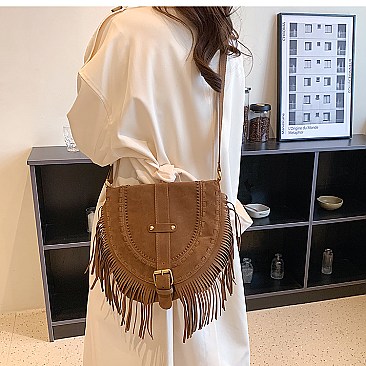 Braided Accent Fringed Round Flap Top Messenger