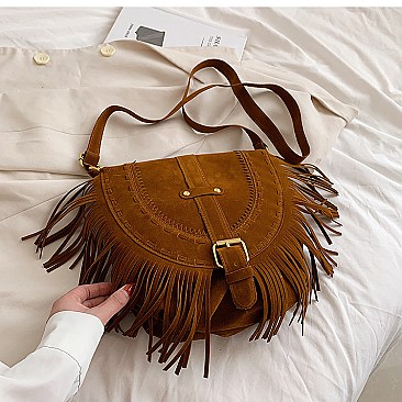 Braided Accent Fringed Round Flap Top Messenger