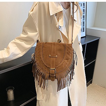 Braided Accent Fringed Round Flap Top Messenger