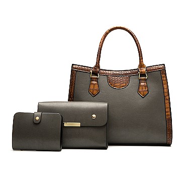 3 in 1 Crocodile Accent Satchel Wallet Set
