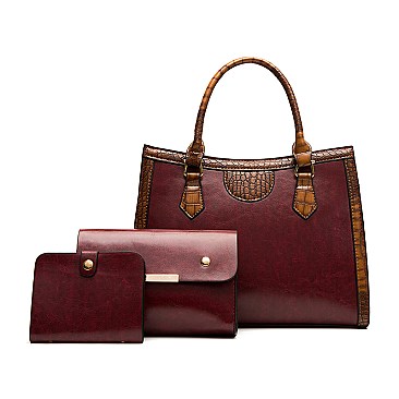 3 in 1 Crocodile Accent Satchel Wallet Set