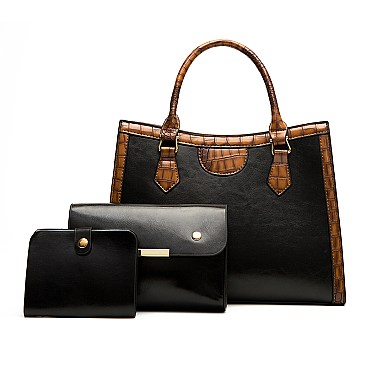 3 in 1 Crocodile Accent Satchel Wallet Set