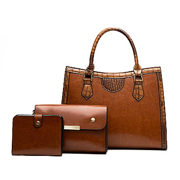 3 in 1 Crocodile Accent Satchel Wallet Set