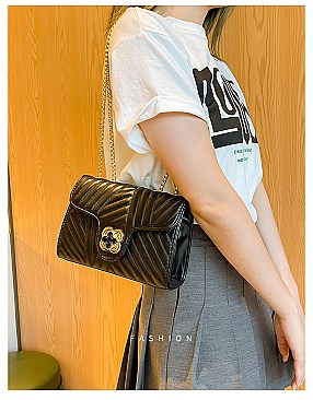 Chevron Turn-Lock Chain Shoulder Bag