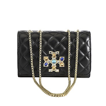 Quilted Stoned Cross Accent Chained Shoulder Bag